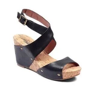 Lucky Brand "Moran" Black Leather Wedge Sandal, Cork Heel, Size 7